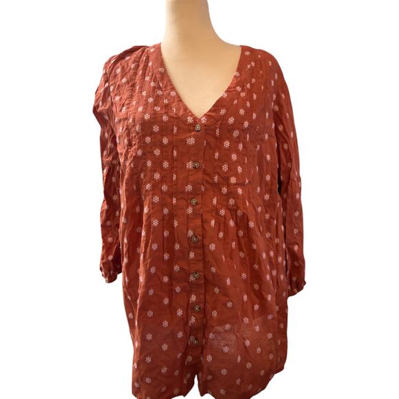 J.Jill Tunic Top, Rust Red Floral Print Button Front Blouse, Women's Plus Sz 2X - Picture 1 of 6